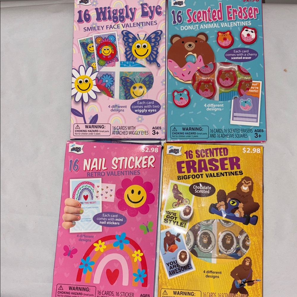 Mello Smello kids valentines cards scented erasers, nail stickers, googling eyes